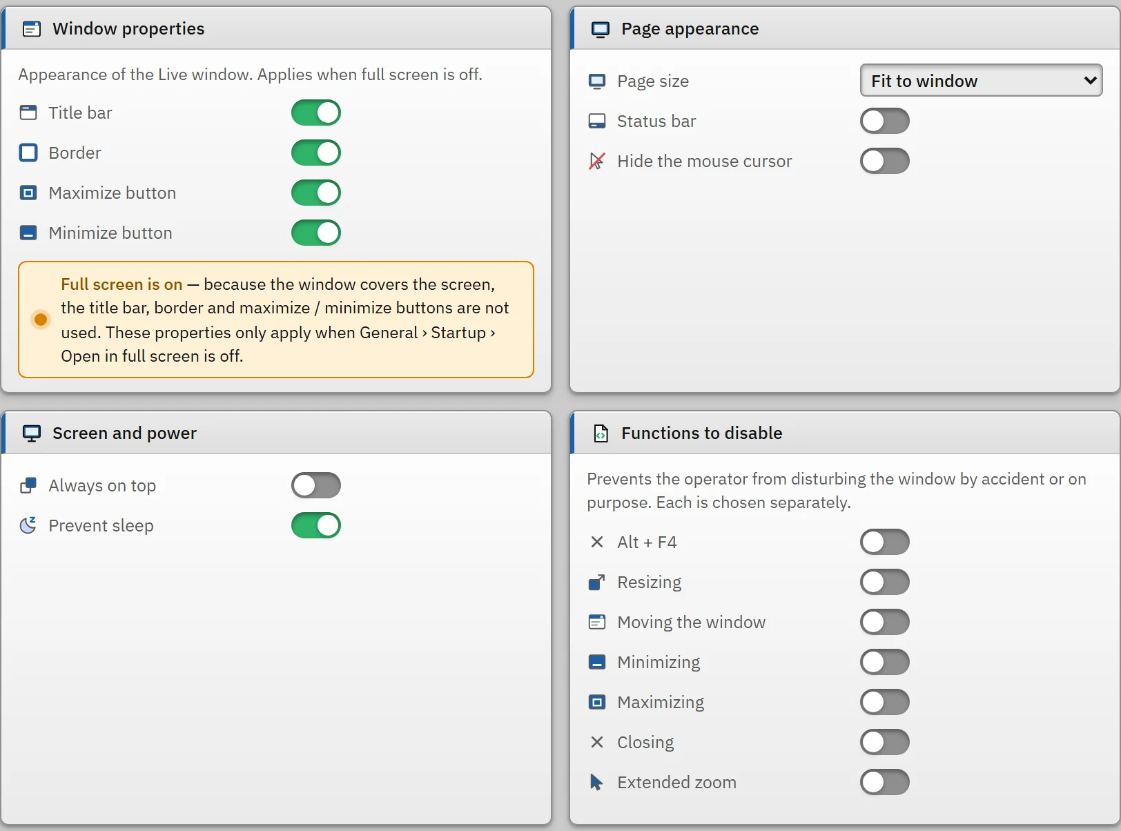 Live settings › Window: window properties, screen appearance, display and power, functions to disable.