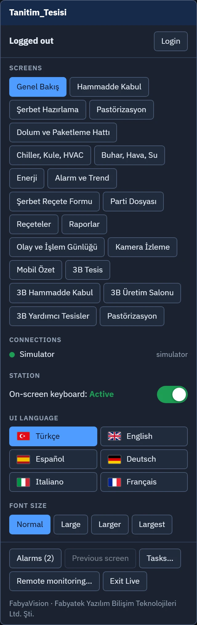System menu: user, screens, connections, language, station settings and bottom buttons.