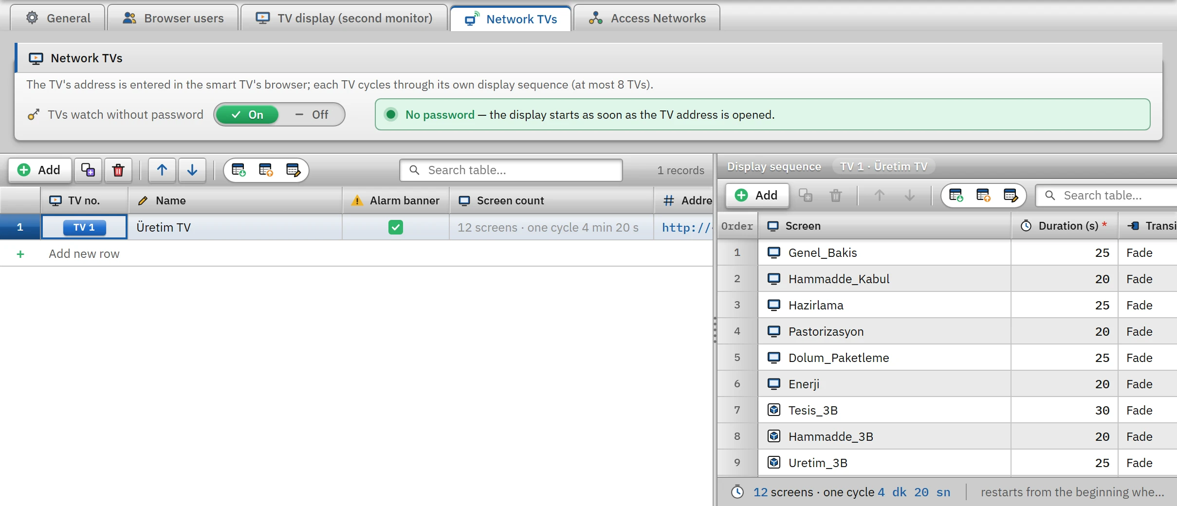 TVs on the network: the number, name, screen count and address of the TVs; on the right, the display order of the selected TV.