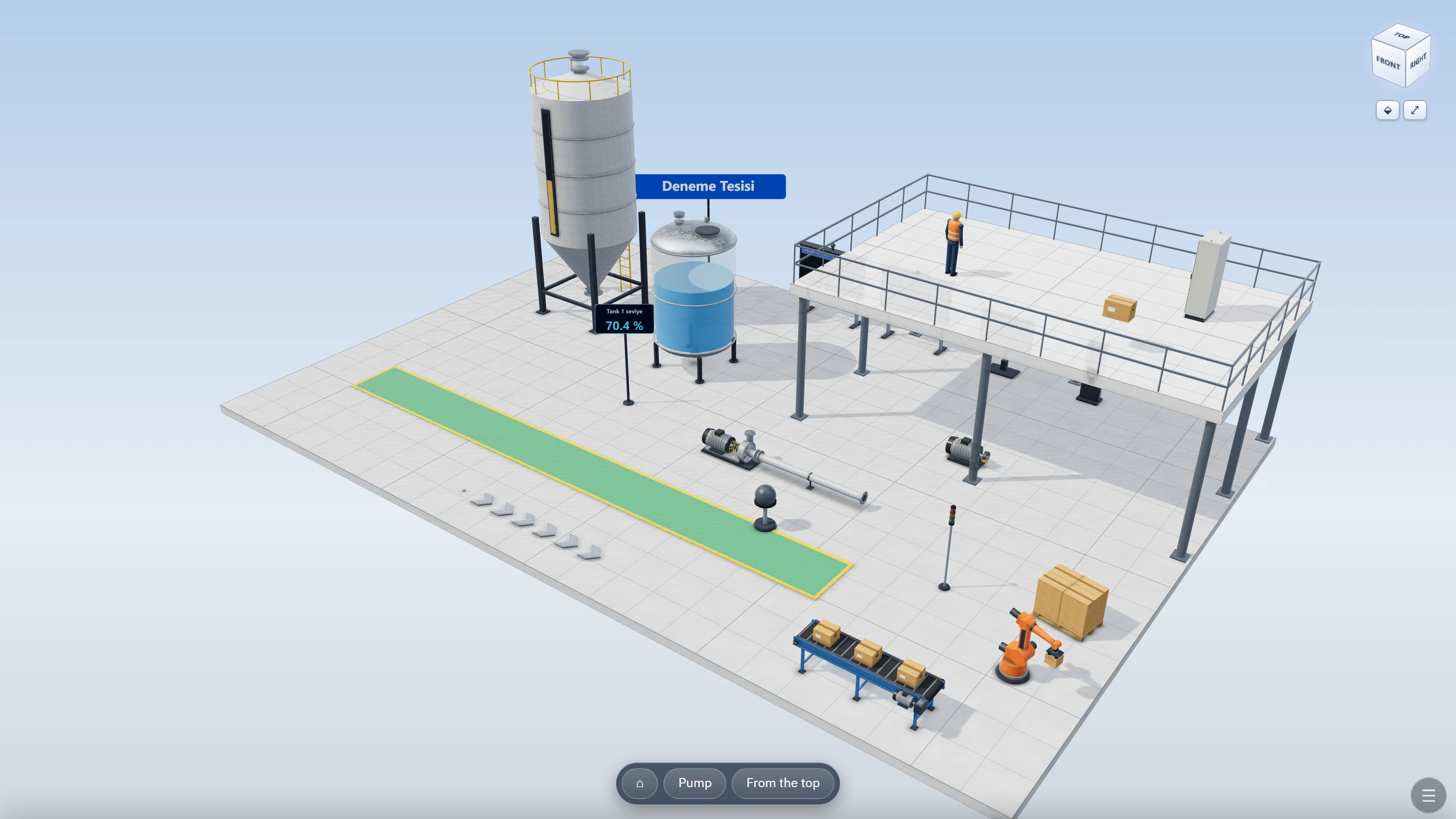 3D screen in Live: saved view buttons at the bottom center (start view, Pump, From the top), navigation cube at the top right.