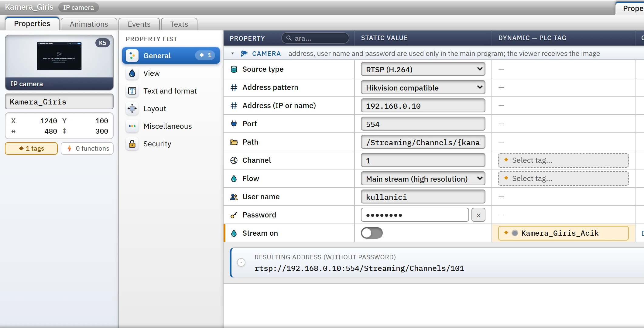 Camera group: source, address pattern, address, port, path, channel, stream, credentials; below it, the resulting address and the Live preview button.