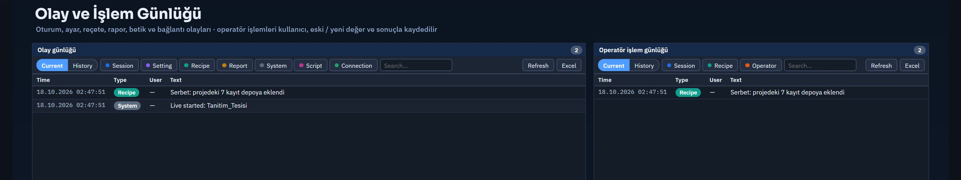 Two event views in Live: the one on the left shows all types, the one on the right only the Session, Recipe and Operator types.