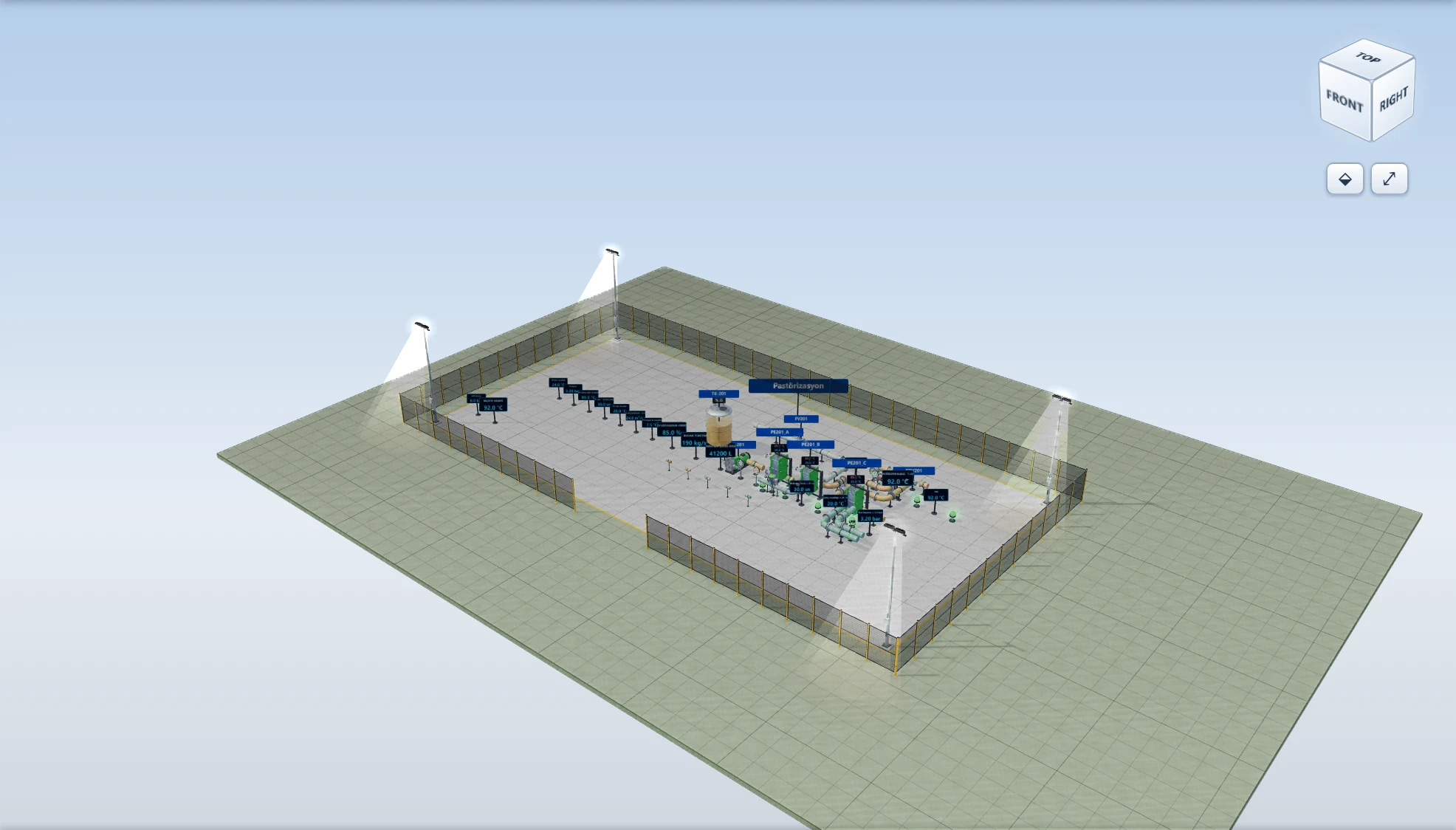 The Pastorizasyon screen of Tanitim_Tesisi was converted in Professional mode: equipment, piping, indicators, fence and lighting.