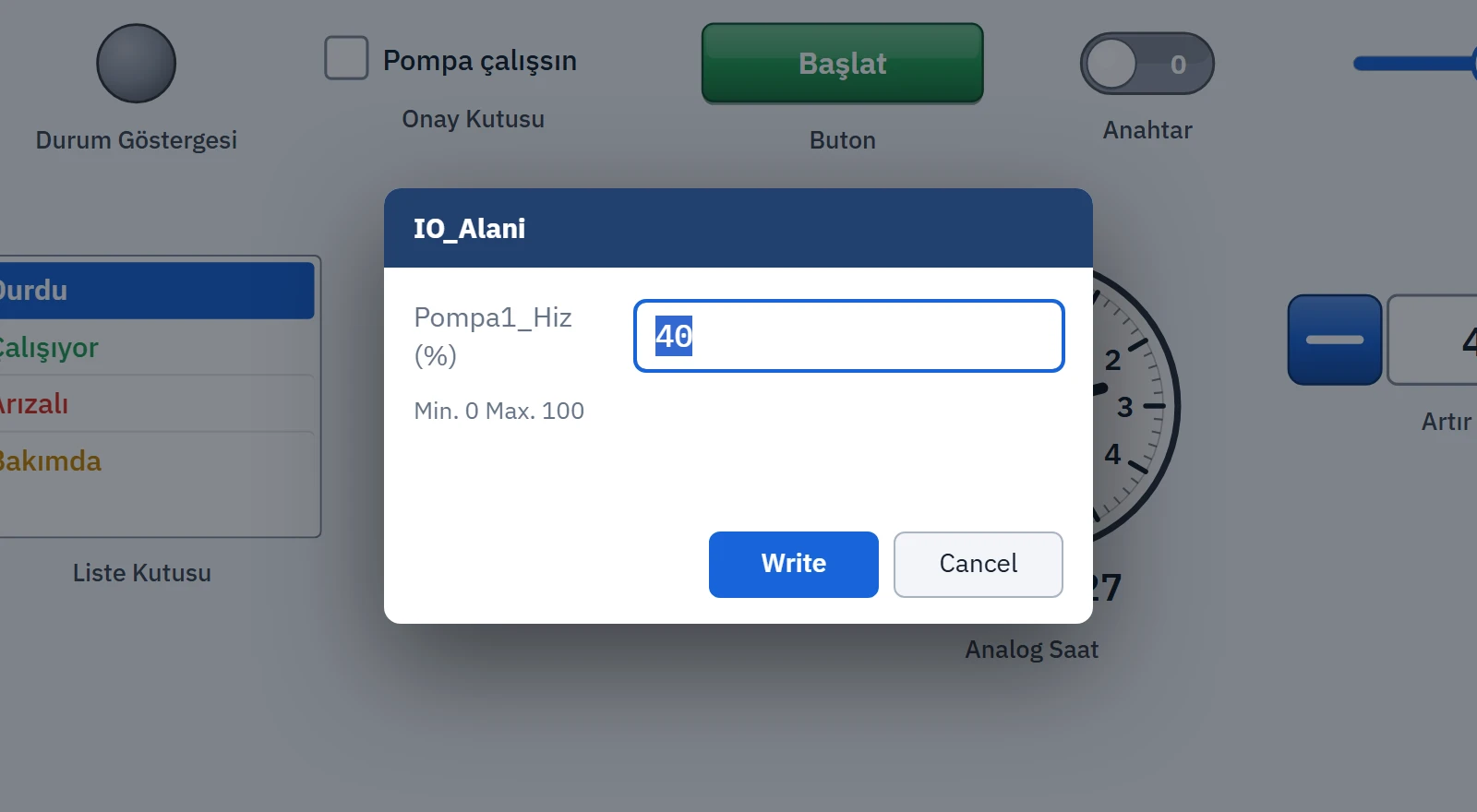 The value entry window that opens when you click the I/O field.