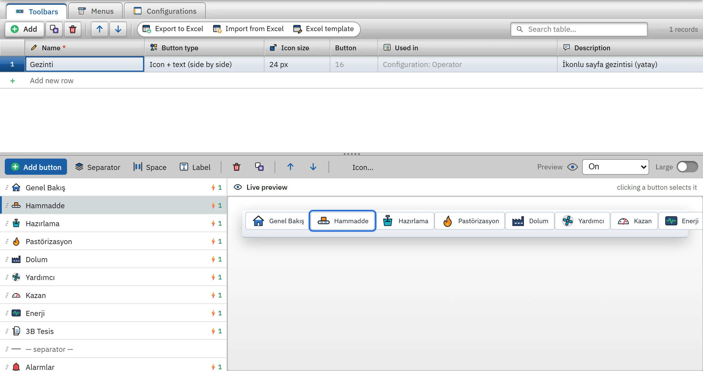 Toolbars tab: toolbar table, item list and live preview.