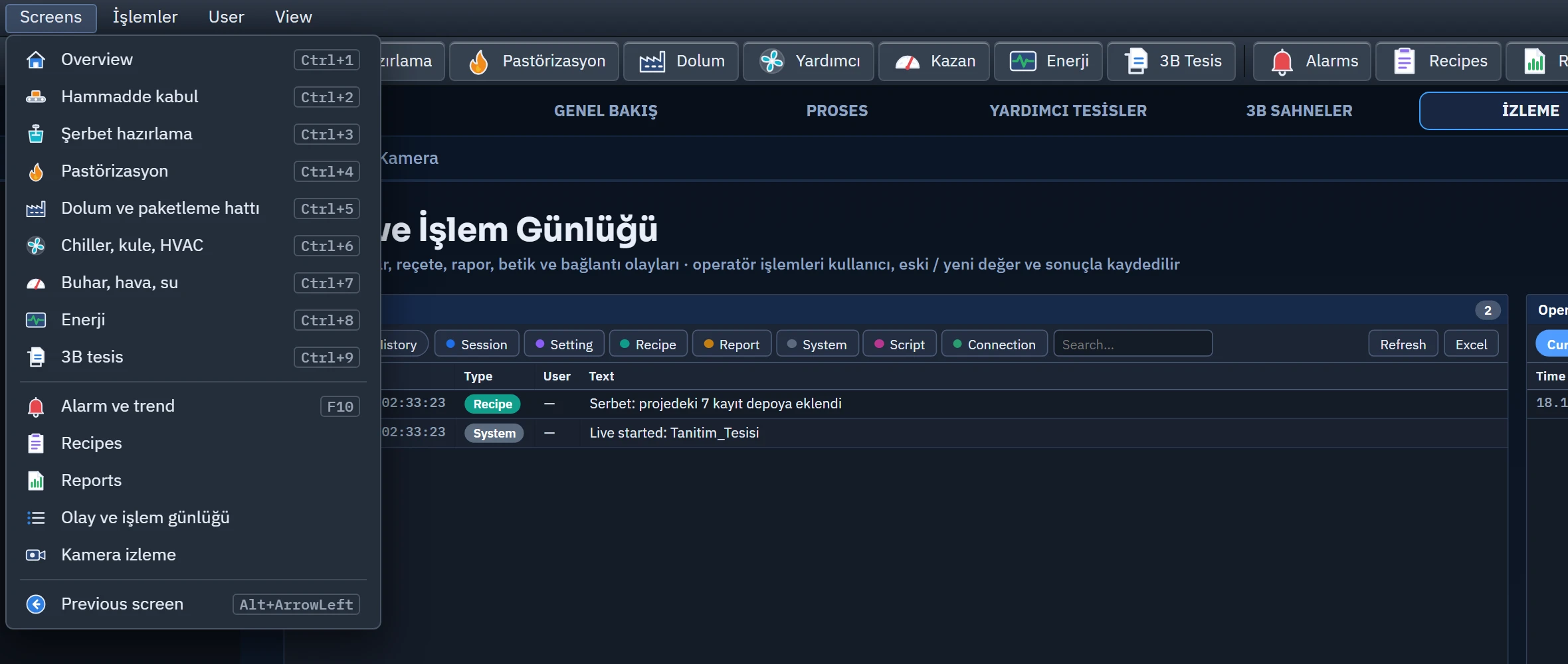 Operator configuration in Live: dark theme, menu bar at the top and navigation bar with icons; the Screens menu is open.