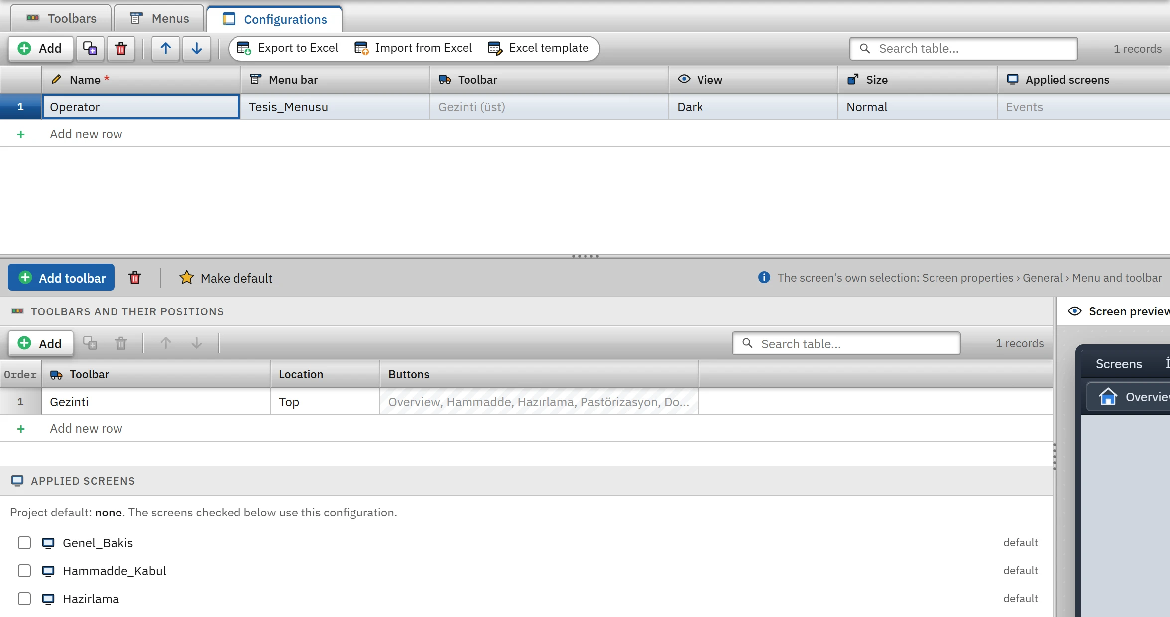 Configurations tab: menu, toolbar positions, the screens it is applied to and the display preview.