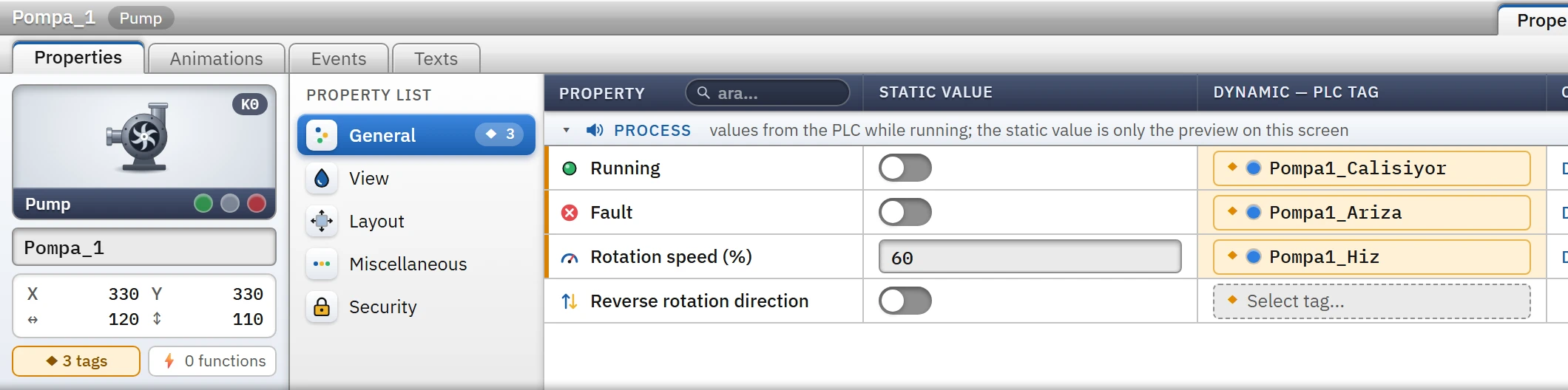 Three properties of Pompa_1 are bound to tags: Running, Fault, Rotation speed (%).
