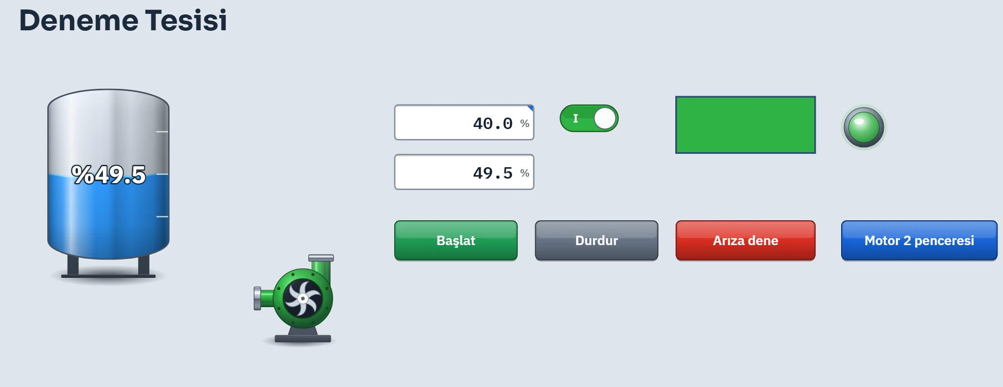 The Main screen of Ornek_Tesis in Live: the tank level, pump state, I/O fields and buttons show tag values.