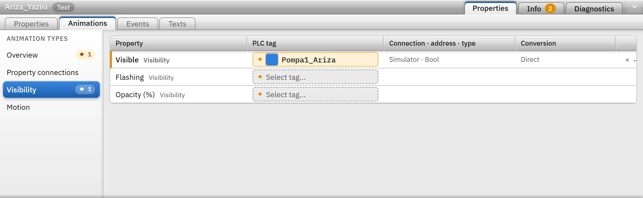 Visibility group: the Ariza_Yazisi object becomes visible when the Pompa1_Ariza tag is 1.