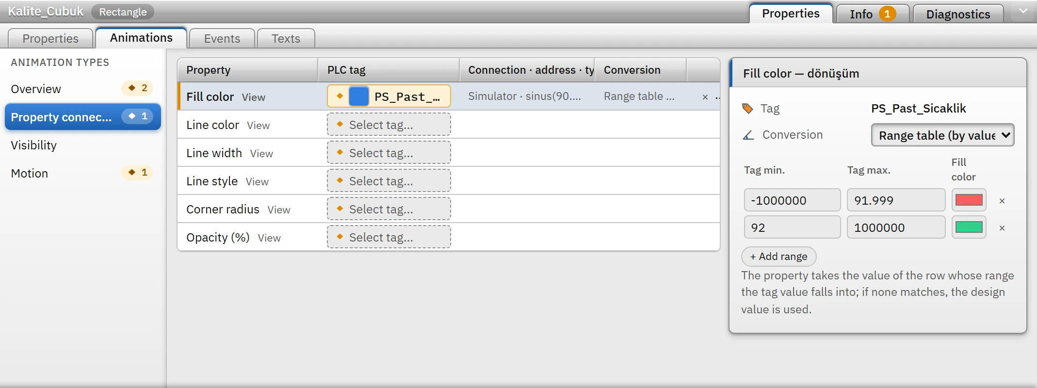 Range table: fill color according to the tag value.