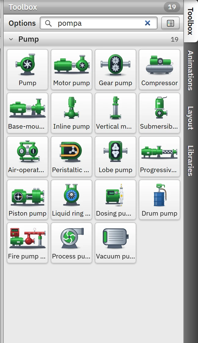 Search for "pump": 19 objects, only the Pump group is shown.