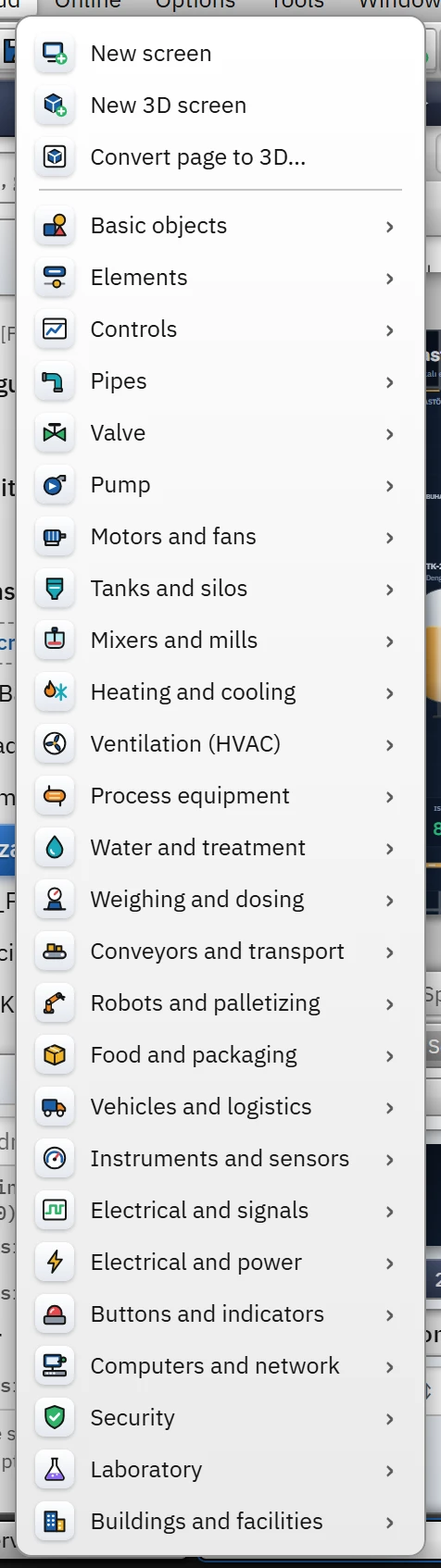 Add menu: screen commands and object groups.