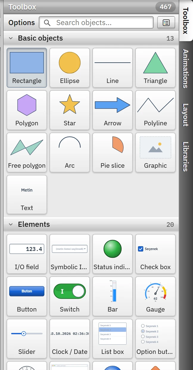 Toolbox: groups, search box and the selected drawing tool.