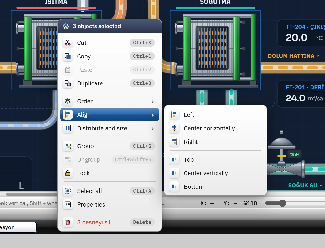Right-click menu on selected objects; the Align submenu is open.