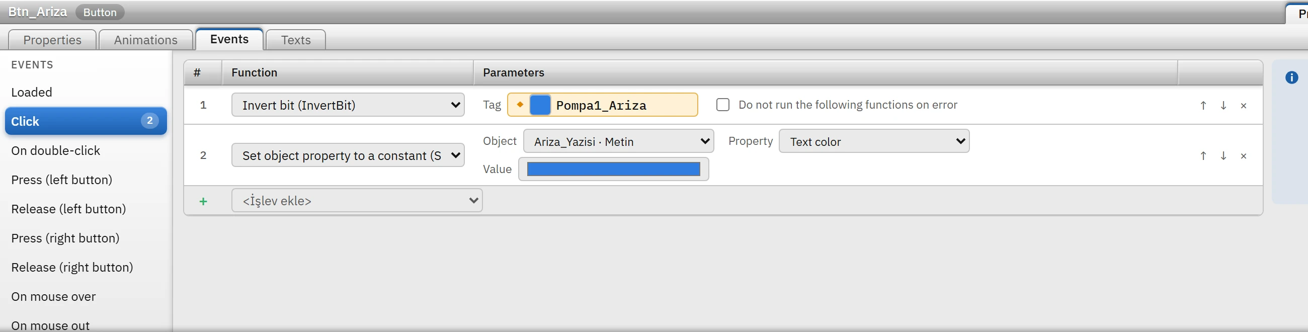 A function that, when clicked, makes the text color of the Ariza_Yazisi object blue.