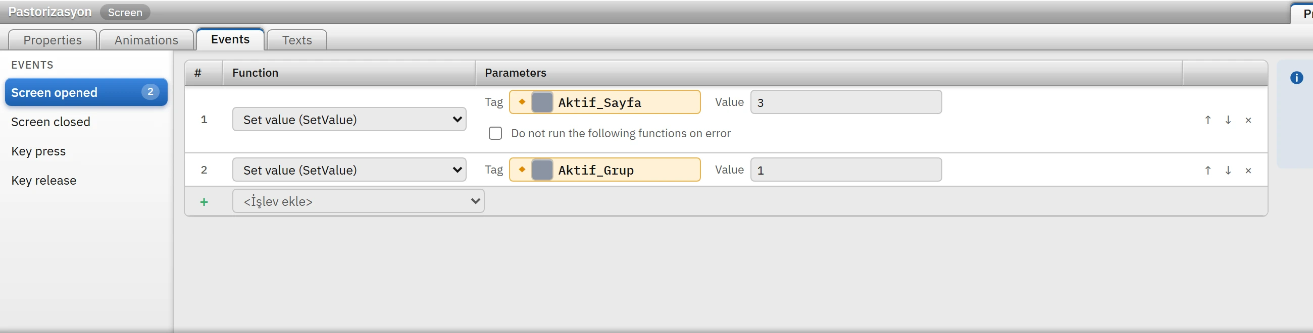 Screen events: when the screen is opened, values are written to two tags.