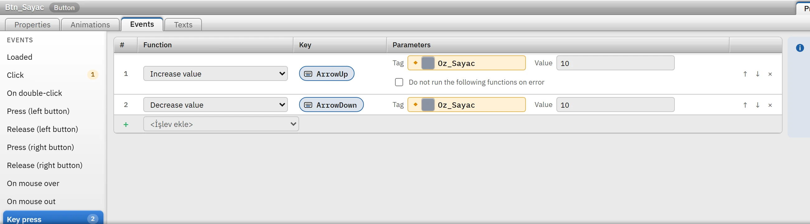 When a key is pressed: the up arrow increases the value, the down arrow decreases it.