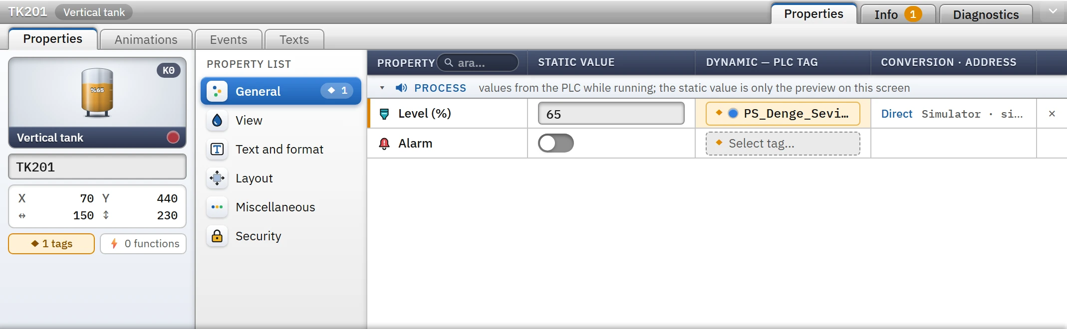 The Properties tab of a tank: identity card, category list and property grid.