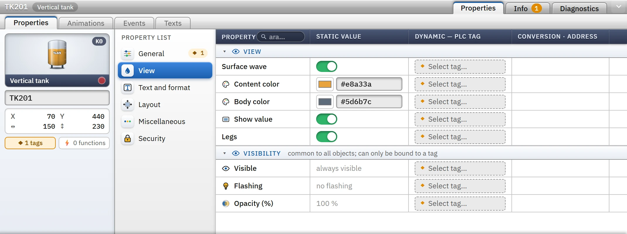 Appearance category: color, on/off and the common Visibility properties.