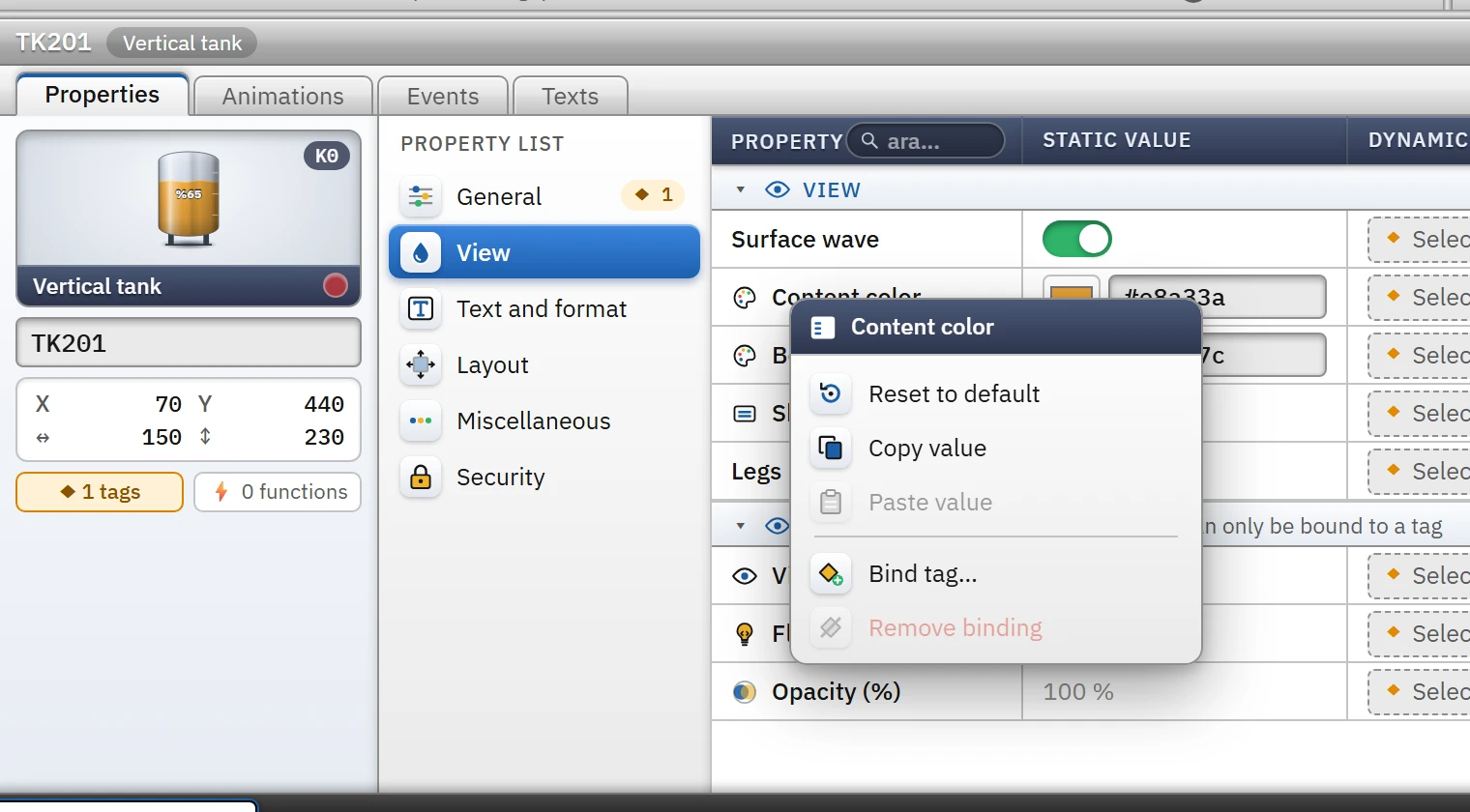 Right-click menu of the property row.