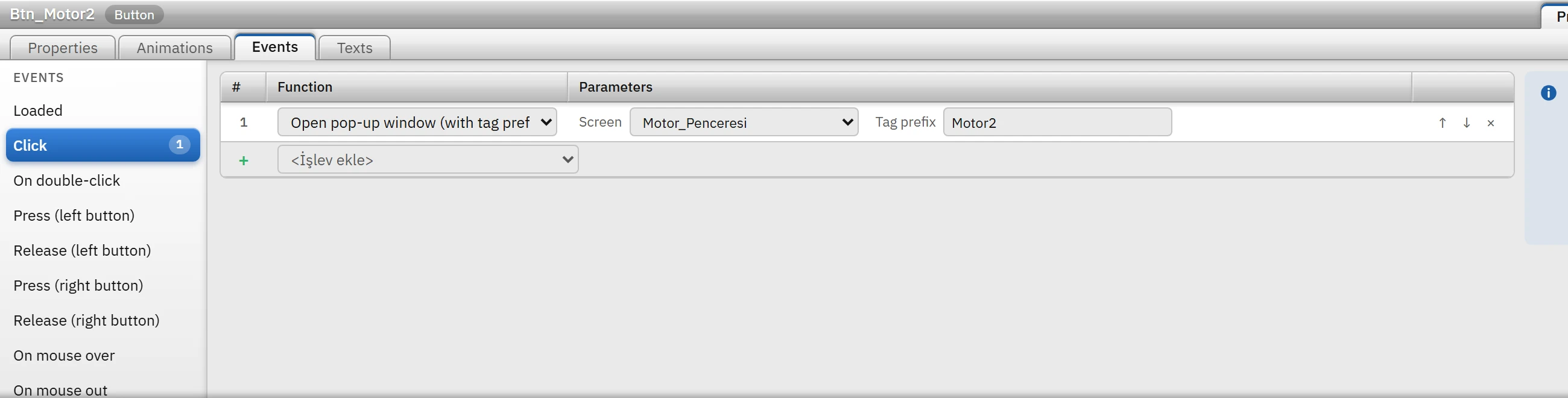 The button opens the Motor_Penceresi screen with the prefix Motor2.
