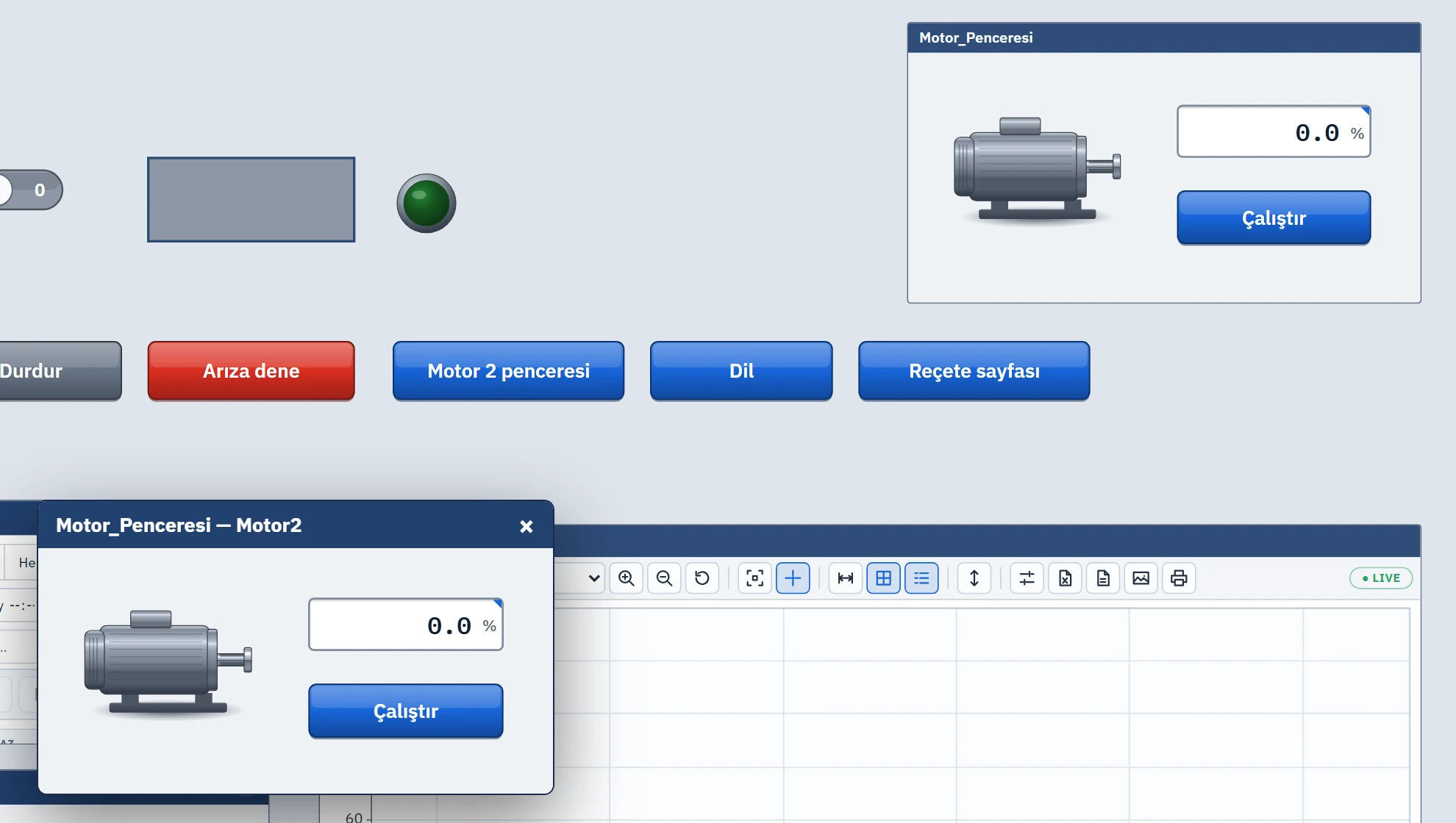 The Motor 2 window in Live (center) and the same screen embedded in a screen (top right, with the Motor1 prefix).