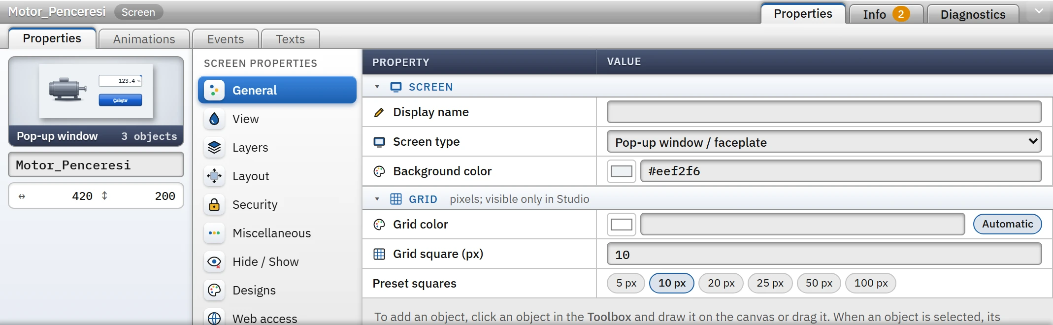 Screen type Pop-up window / faceplate; the User data type category appears in the side list.