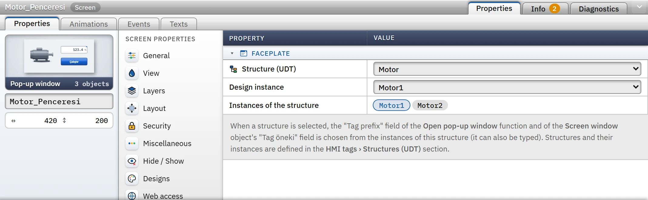 Faceplate: structure Motor, design instance Motor1.