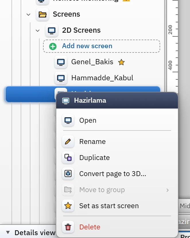 Context menu of a screen in the project tree.