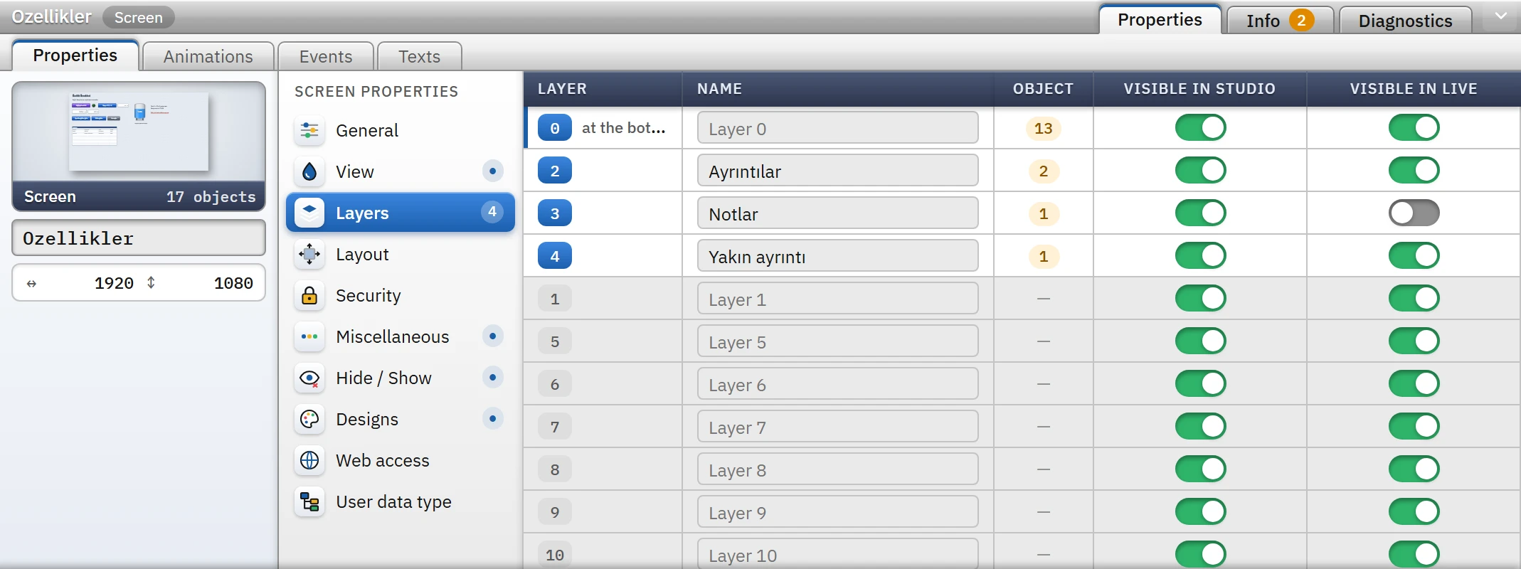 Layers category: four occupied layers on the Properties page of Ornek_Tesis.