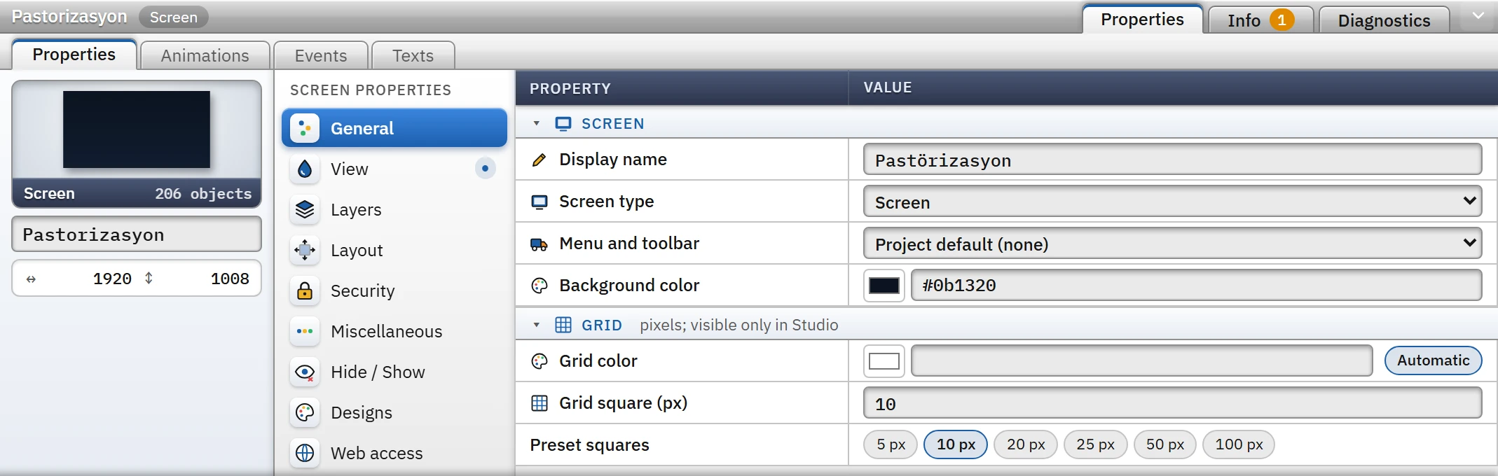 Screen properties, General category.