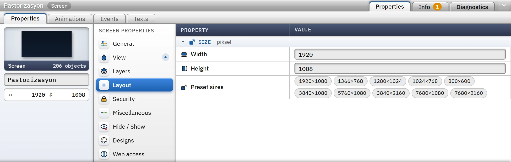 Layout category: size and preset sizes.
