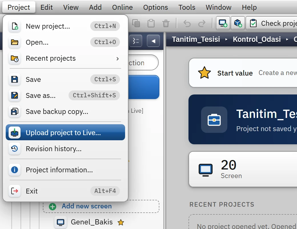 Upload and version history commands in the Project menu.