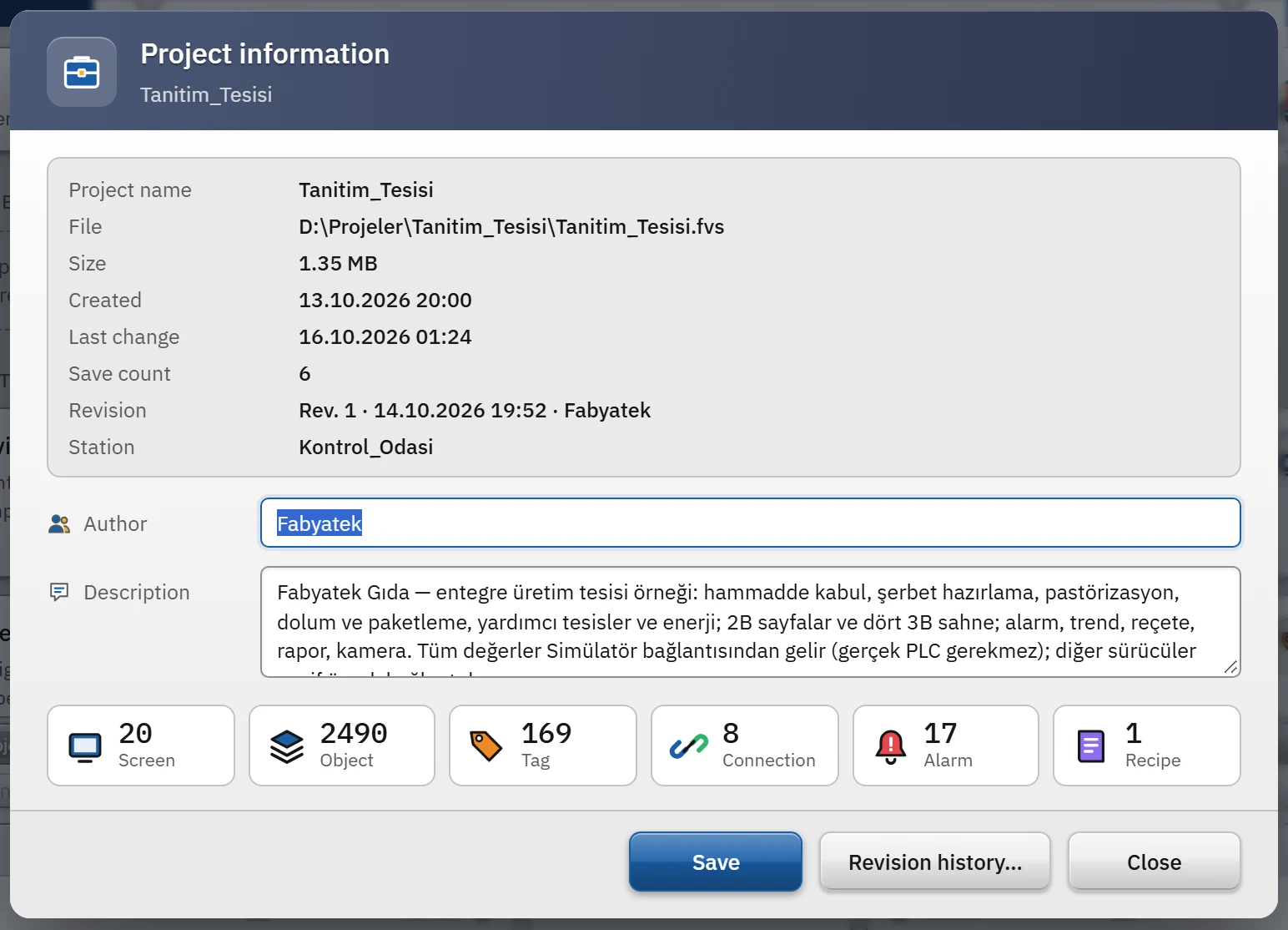 Project information window.