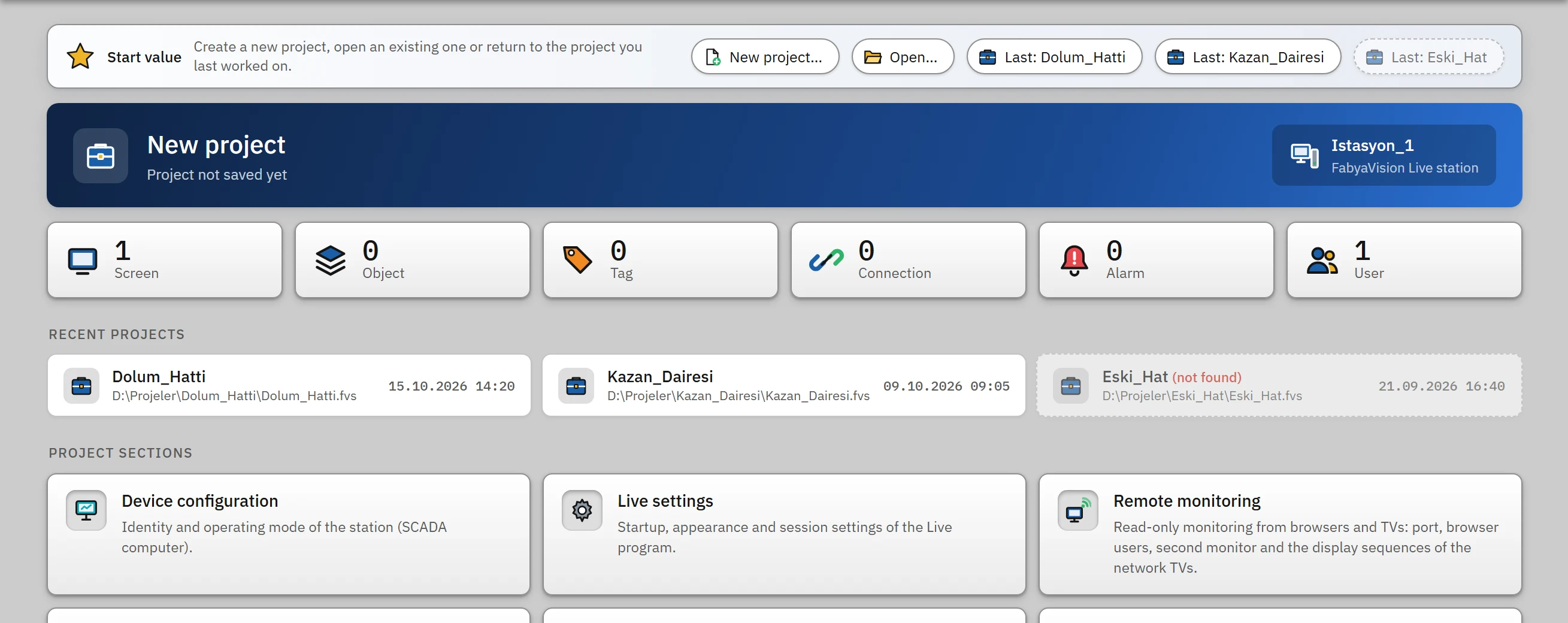 Overview: the Start strip and Recent Projects. A project whose file cannot be found is grayed out and marked “(not found)”.