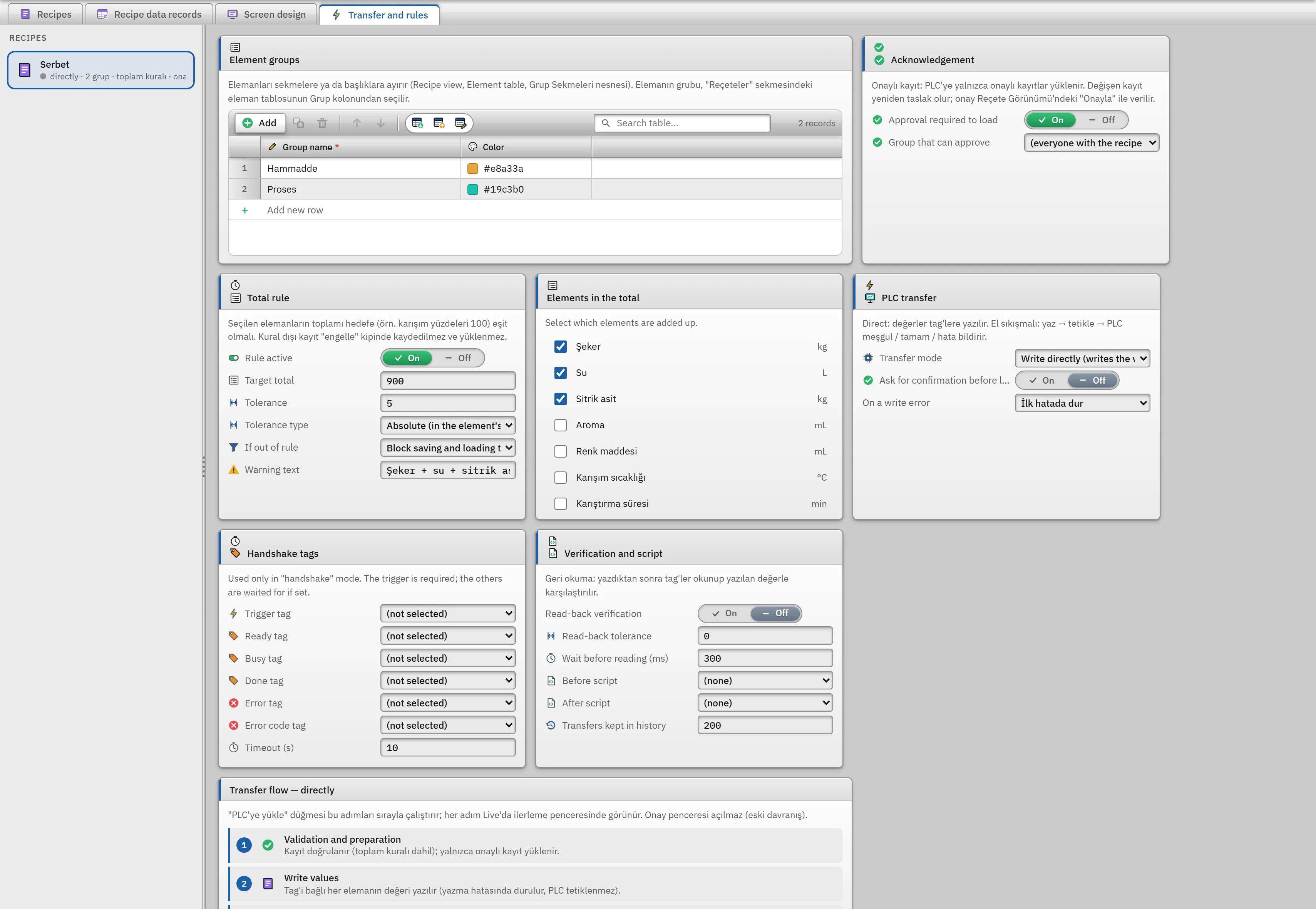 Transfer and rules tab: element groups, approval, total rule, PLC transfer, handshake tags and validation settings.