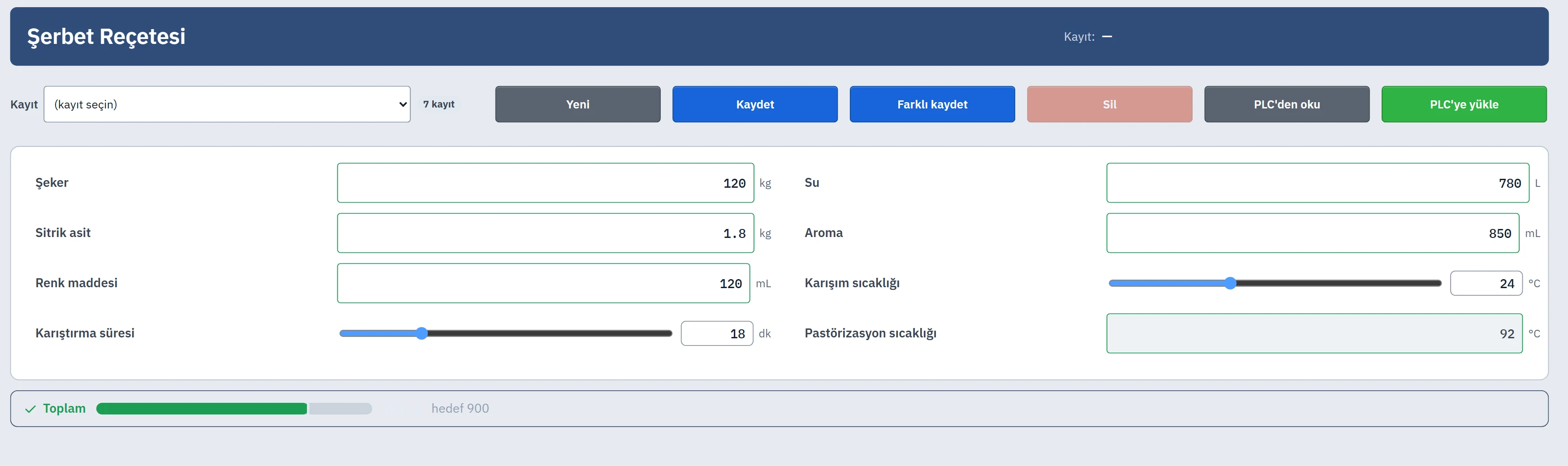 A recipe design screen derived from the Form template, shown in Live: record selector, function buttons, element fields, total indicator and information fields.