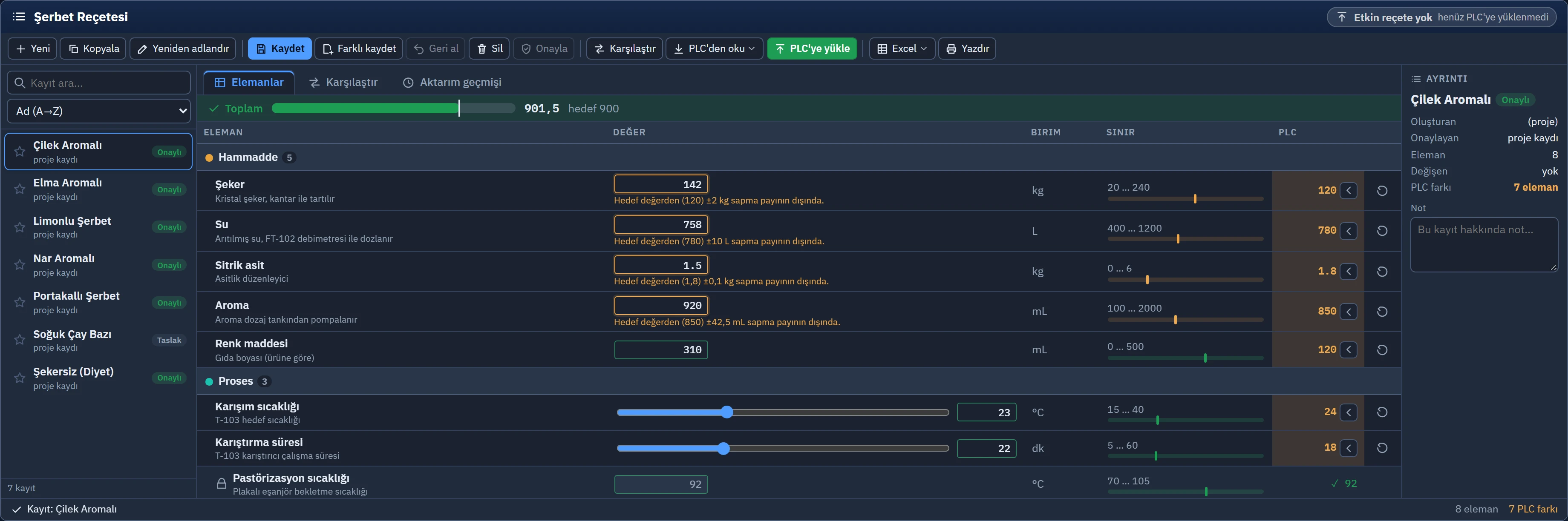 Recipe view: the record list on the left, the elements in the middle (value, limit, PLC value), the details of the selected record on the right. The toolbar and the active recipe indicator are at the top.