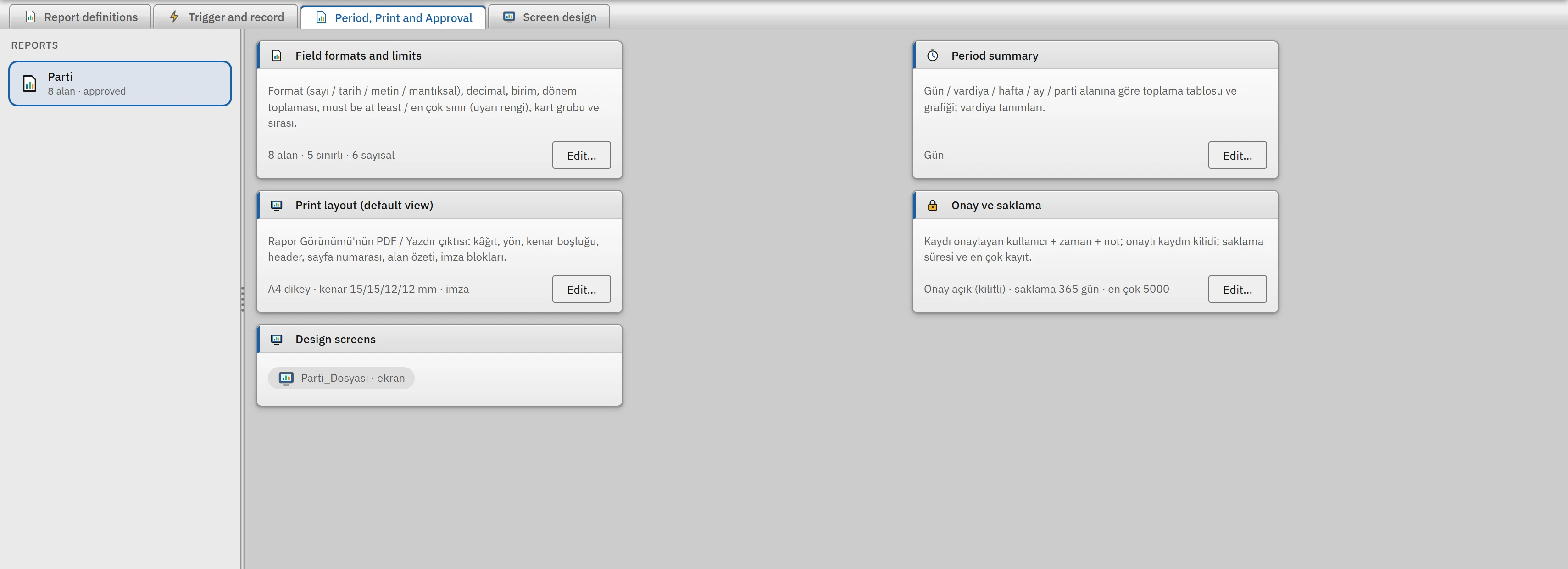 Period, Print and Approval tab: four summary cards; each opens a settings window.