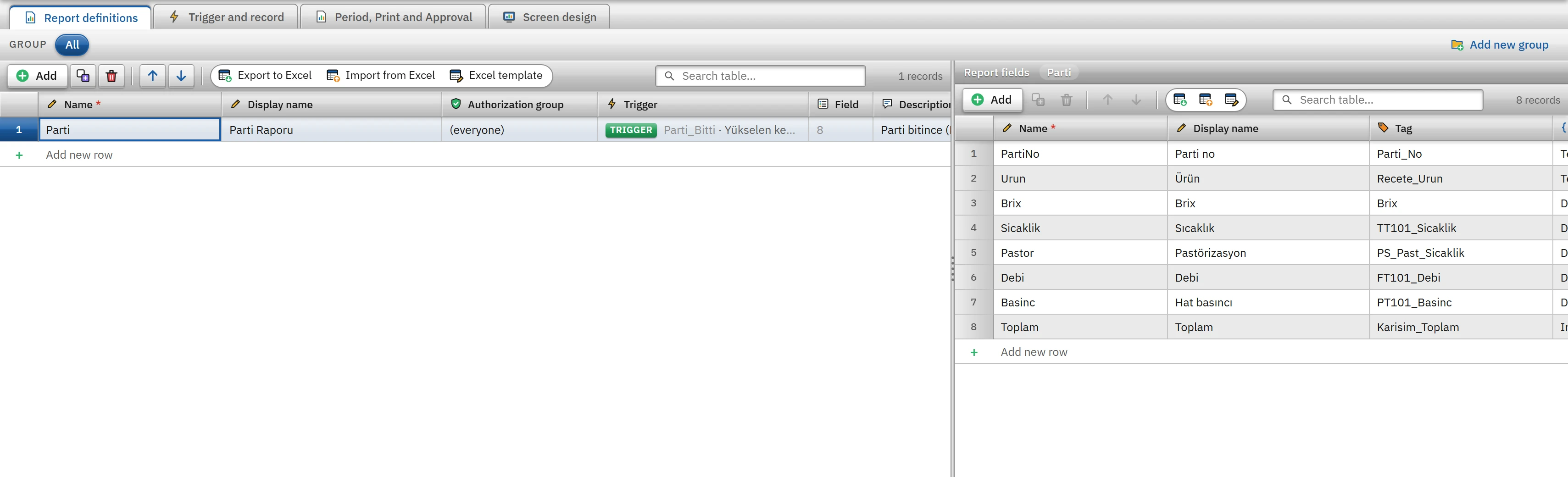 Report definitions: the report on the left, its fields on the right.