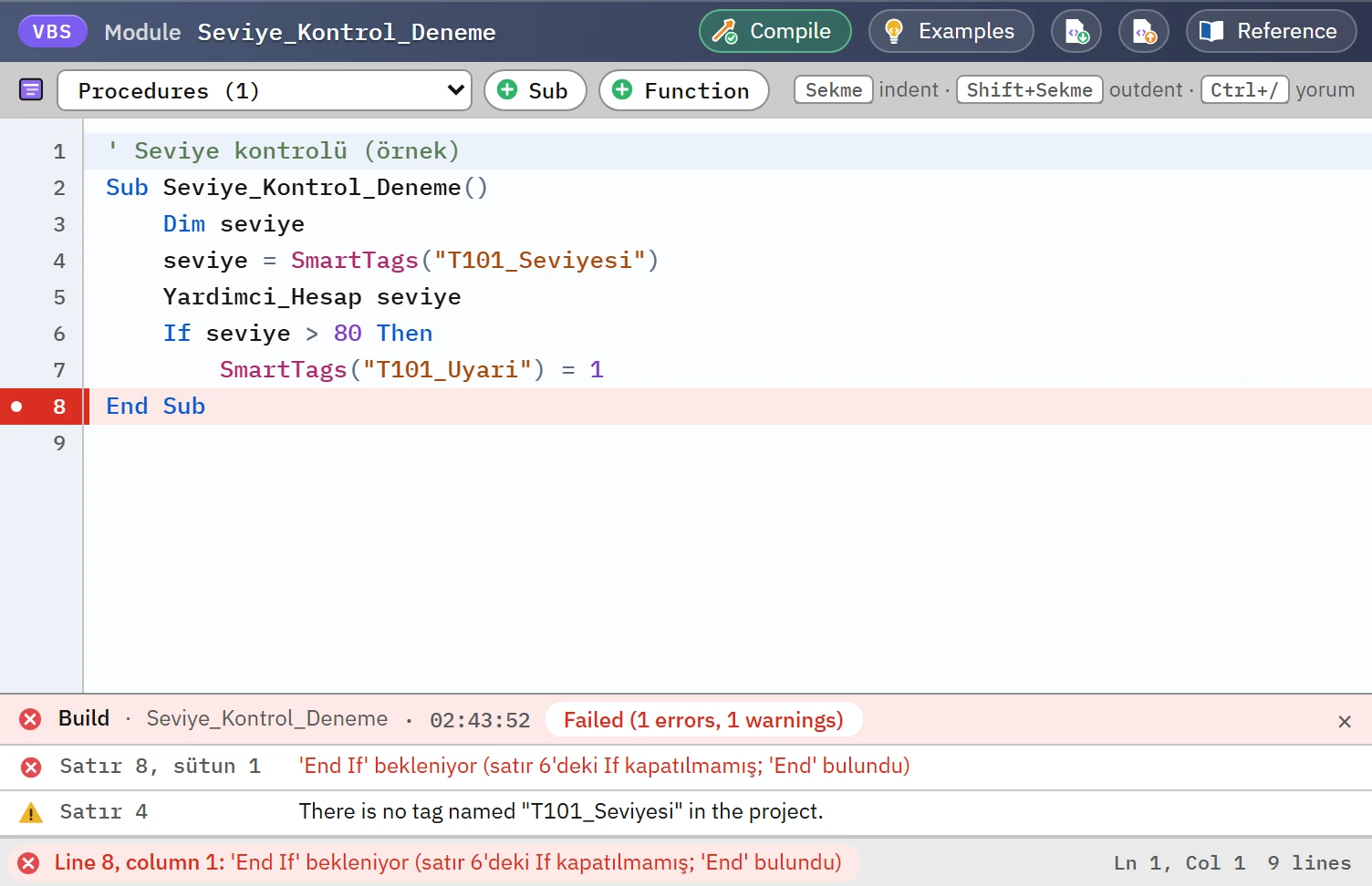 Compilation output: a summary line and warnings line by line. Clicking a line opens the script and jumps to that line.