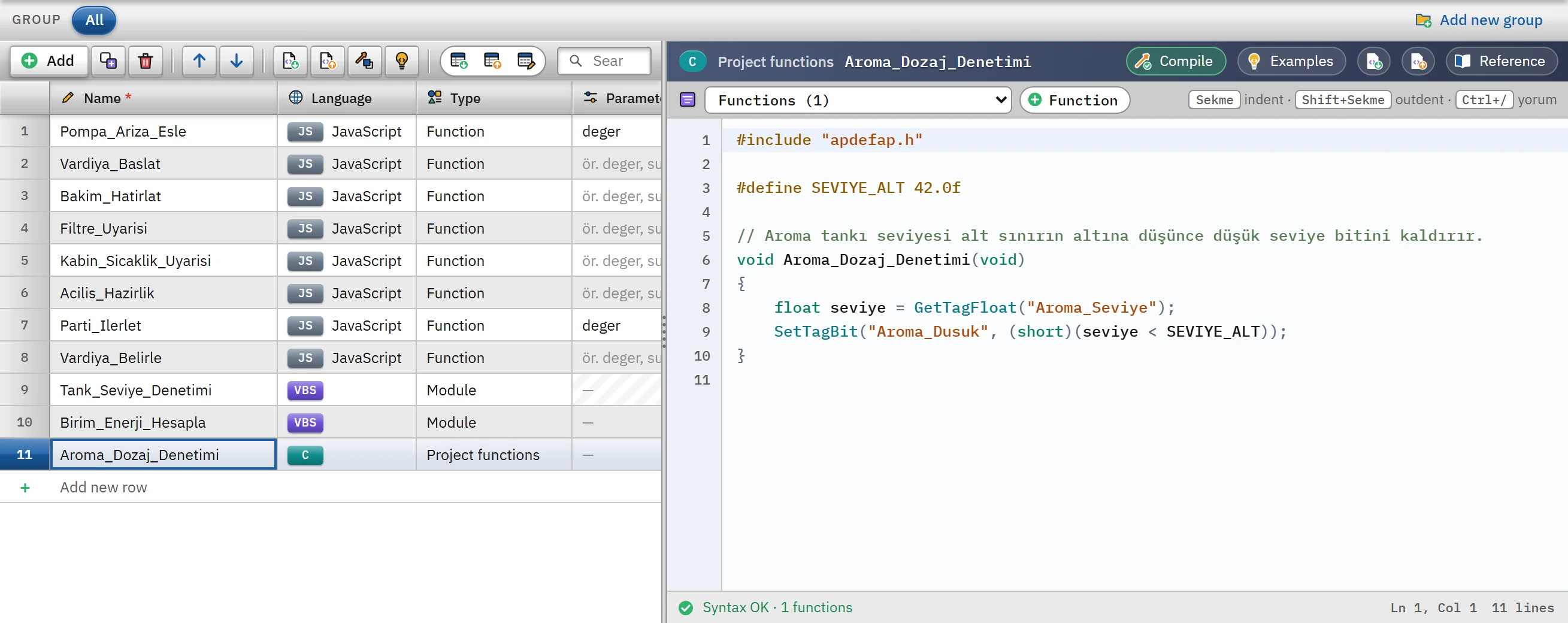 C project functions: the toolbar contains a function list and a Function button.