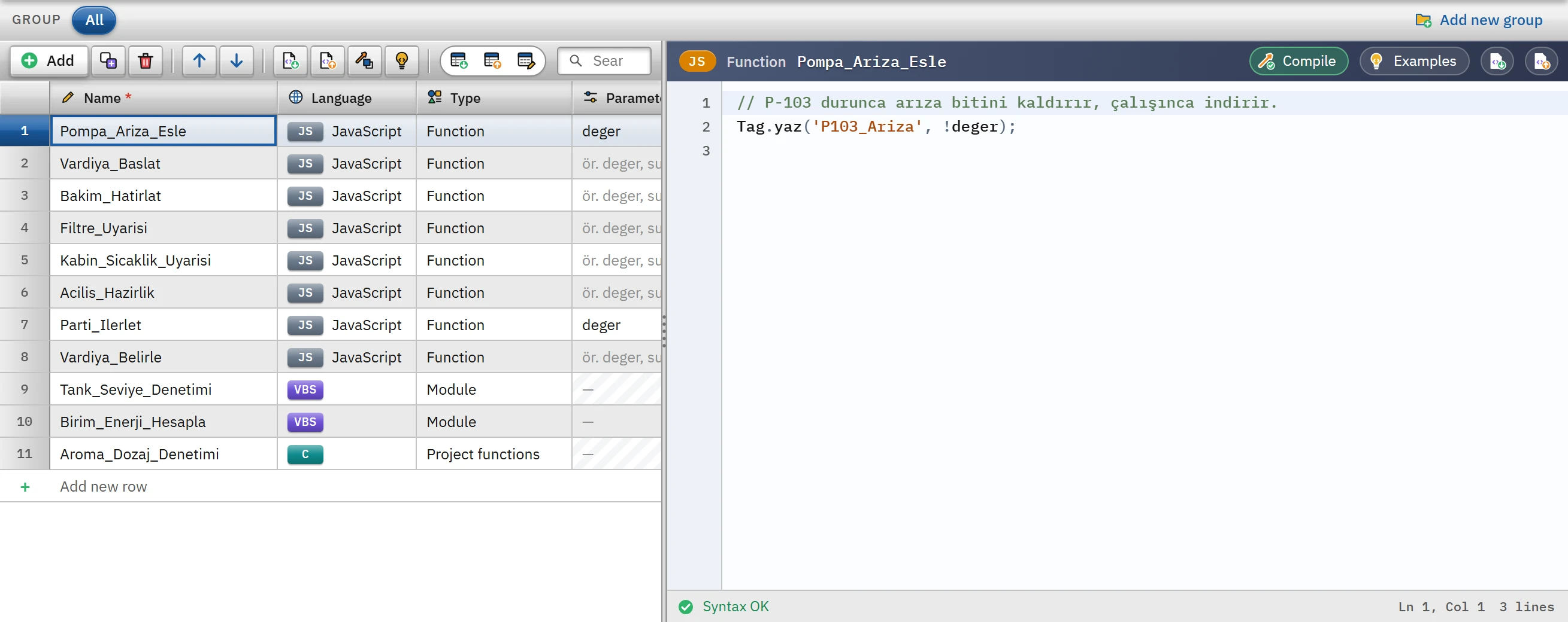 JavaScript function: deger is entered in the Parameters column; the code area has no tool row and no Reference panel.