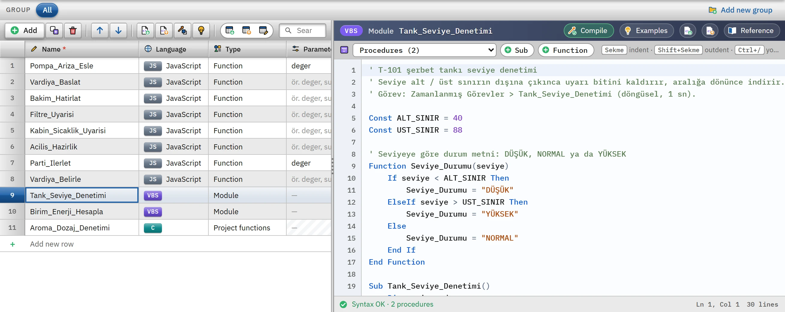 Scripts section: the script list in the table on the left, the code area of the selected script on the right.
