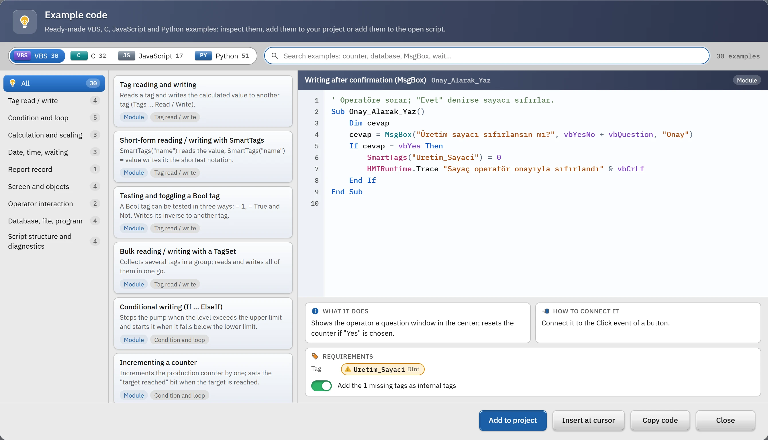 Sample code window: language selector, topic groups, list of samples and preview of the selected sample.