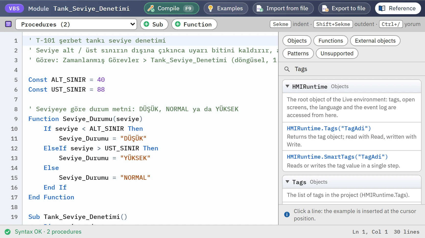 VBS reference panel: tabs, search box and examples that are inserted at the cursor when clicked.