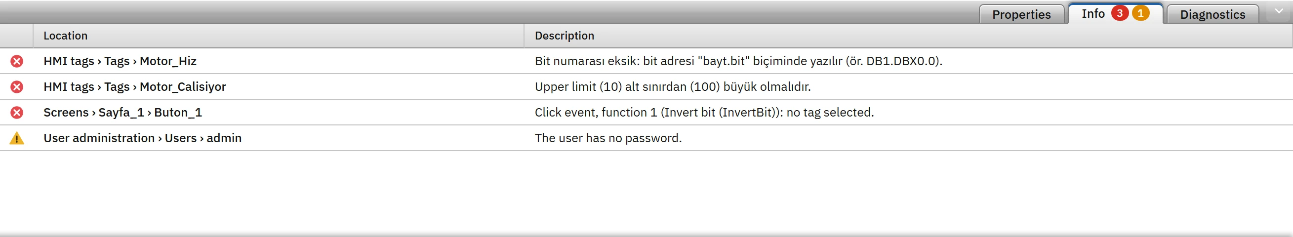 Info tab: three errors and a warning.