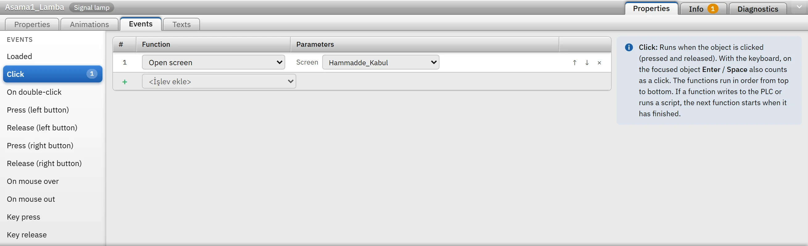 Events tab: the “Open screen” function in the click event.