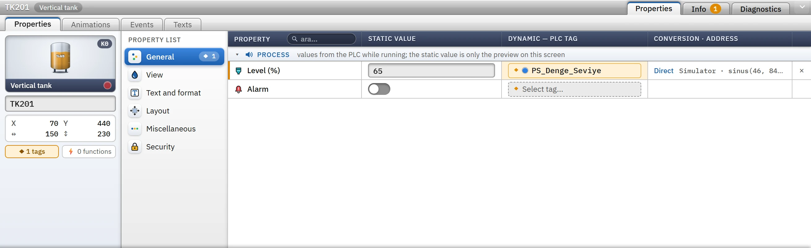 Properties tab of the Inspector: the selected tank, the General category and a bound tag.
